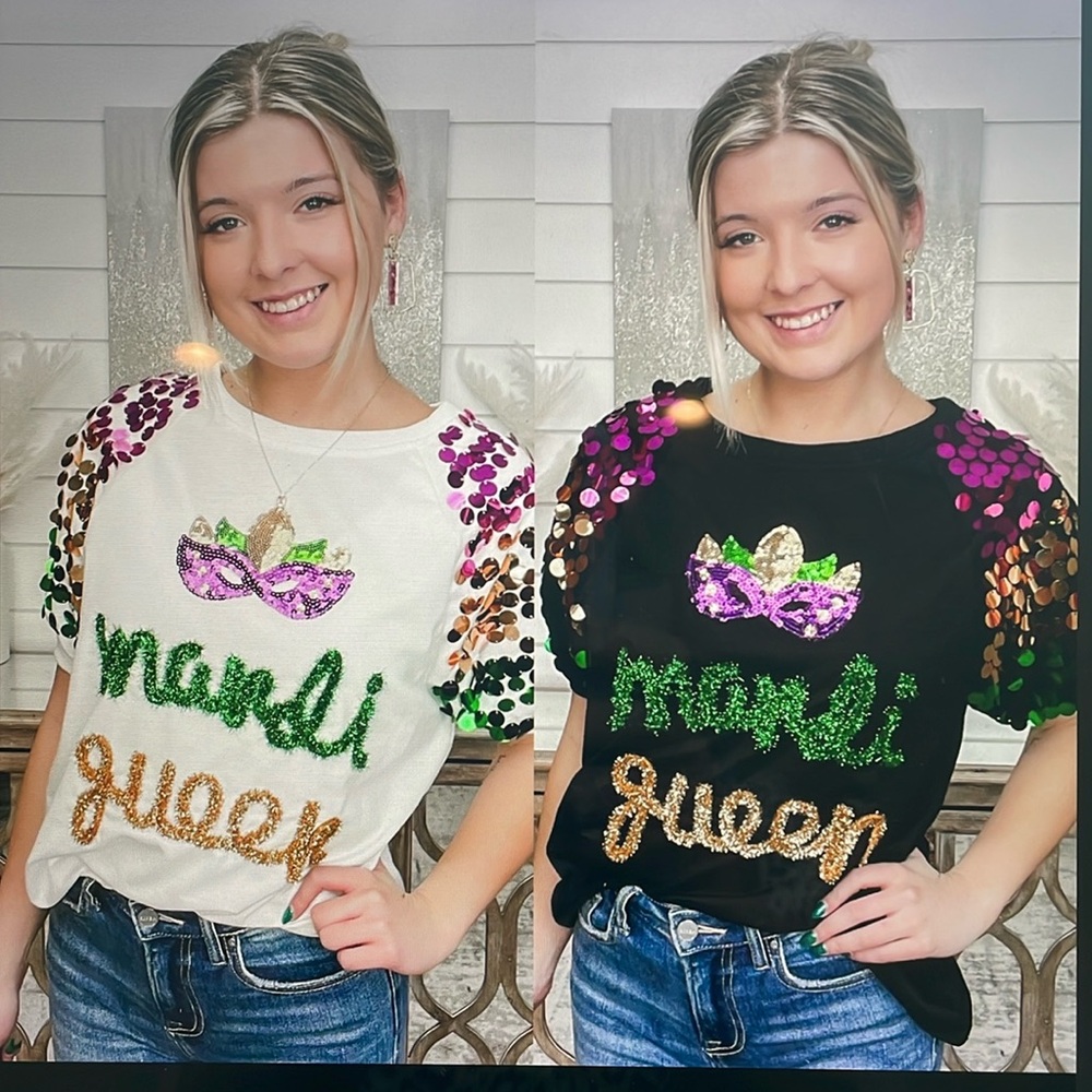 New Black Sparkle Mardi Gras Queen Sequin Embellished Short Sleeve Shirts